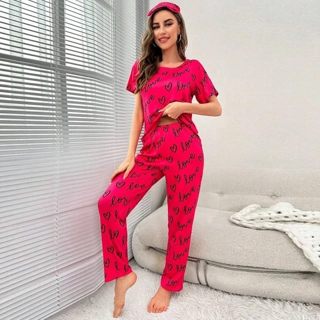 Shocking Pink Love Printed T-shirt And Trouser Suit