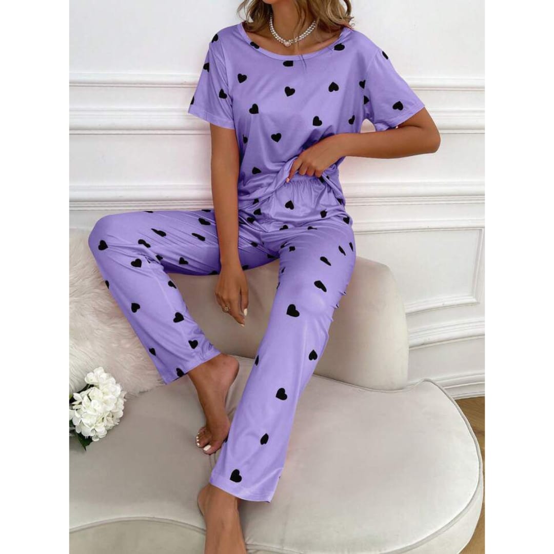 Purple With Black Hearts Print Half Sleeves T-shirt With Hearts Printed Trouser Suit