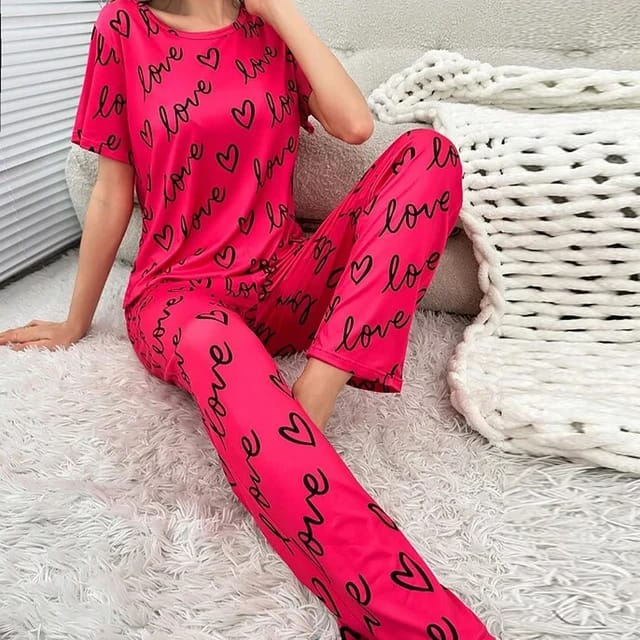 Shocking Pink Love Printed T-shirt And Trouser Suit