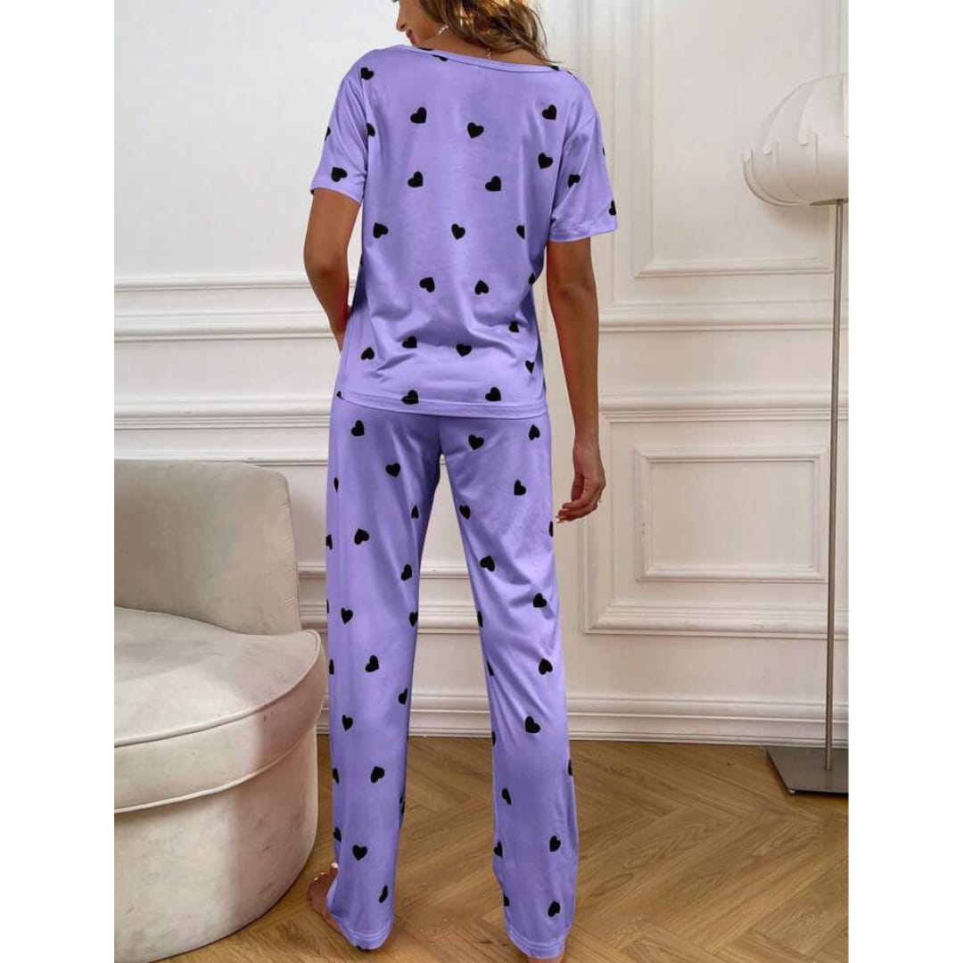 Purple With Black Hearts Print Half Sleeves T-shirt With Hearts Printed Trouser Suit