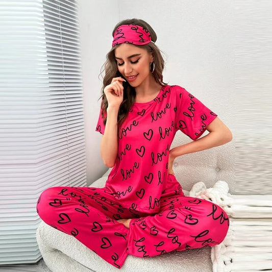 Shocking Pink Love Printed T-shirt And Trouser Suit