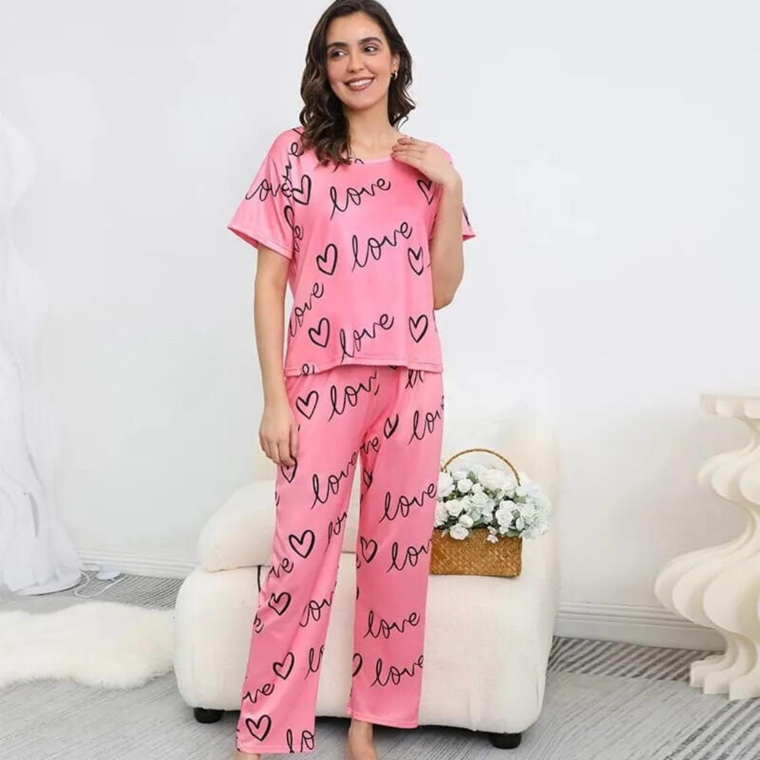 New Pink Love Print Half Sleeves T-shirt With Printed Trouser Suit