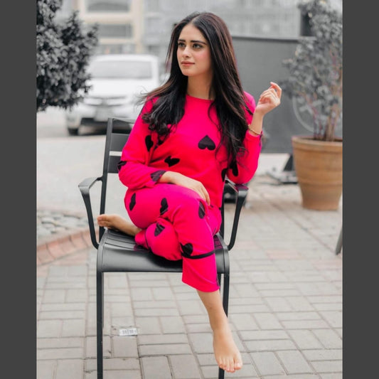 Shocking Pink With Black Big Heart print Full Sleeves Night Suit for her