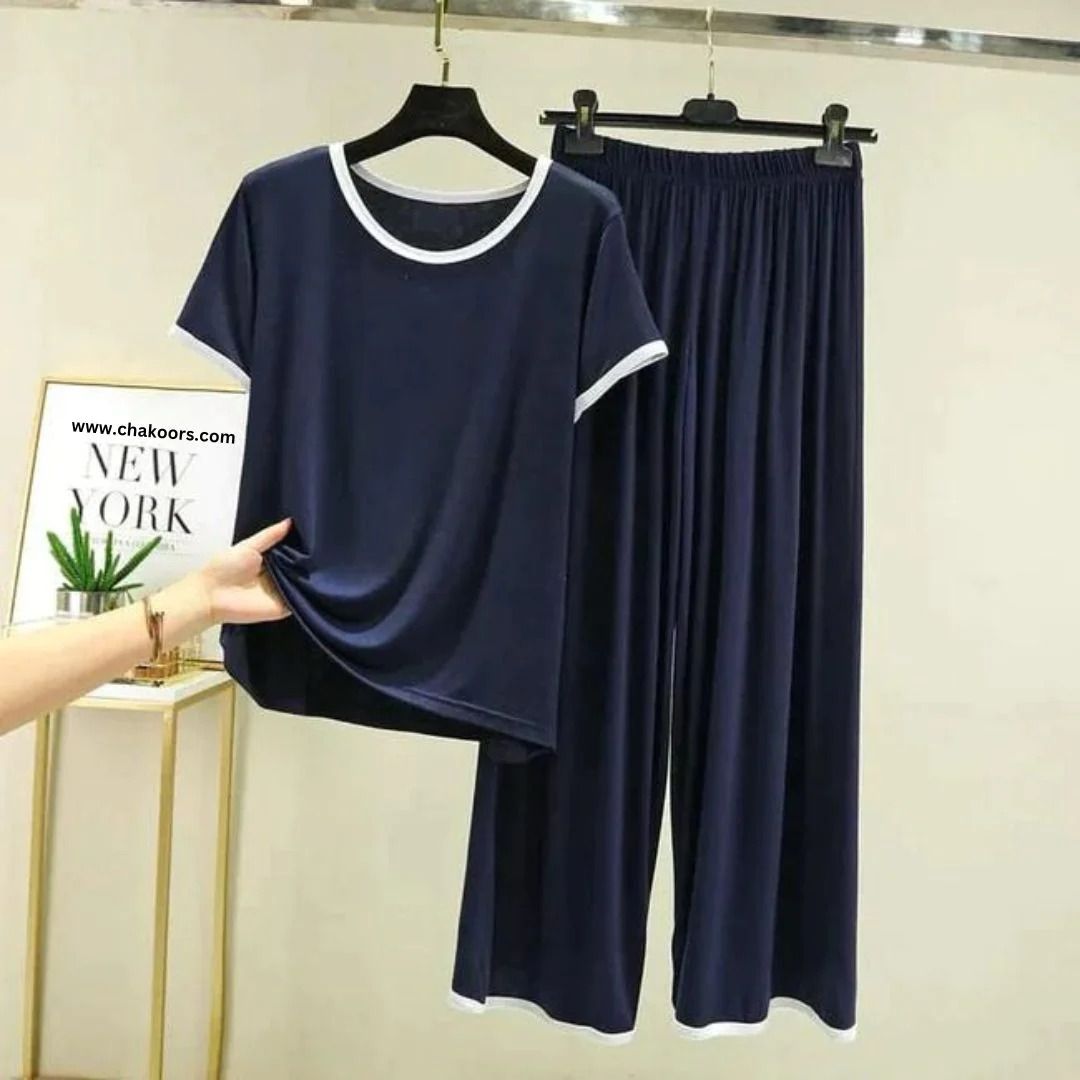 Navy Blue With White Pipin Neck And Sleeves Half Sleeves Suit