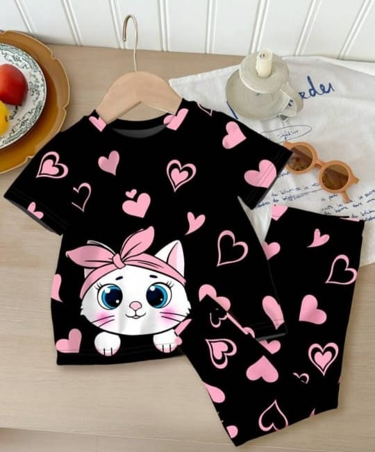 Black With Pink Heart Kitty Printed Kids Night Suit