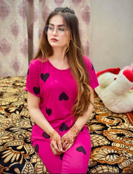Shocking Pink With Black Big Heart print Half Sleeves Night Suit for her