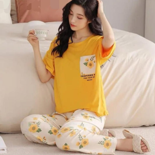 Yellow Flower Pocket Print Half Sleeves T-shirt With Flowers Printed Trouser Suit