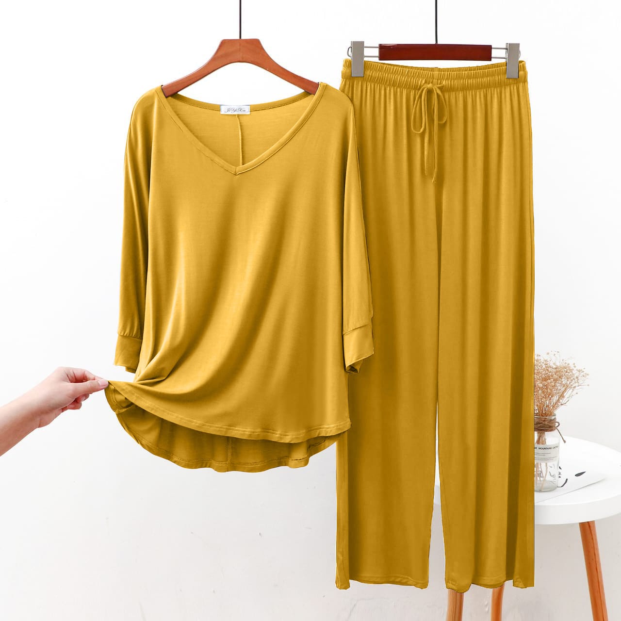 Yellow V Neck with Palazzo Style Pajama Full Sleeves Suit for Her