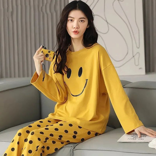 Yellow Smile Print Full Sleeves T-shirt With Dotted Pajama Night Suit