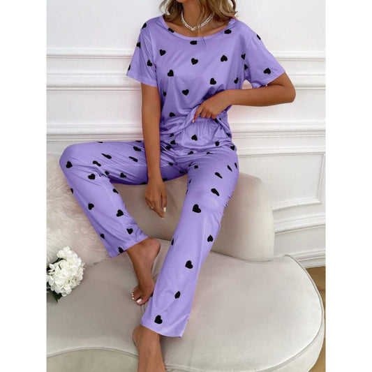 Purple With Black Hearts Print Half Sleeves T-shirt With Hearts Printed Trouser Suit