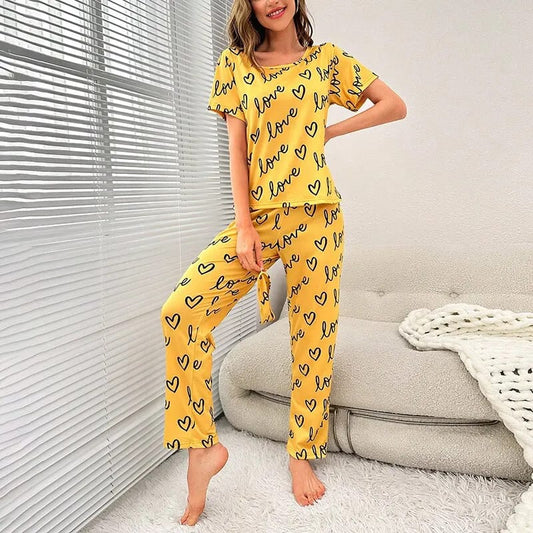 Yellow Love Printed T-shirt And Trouser Suit
