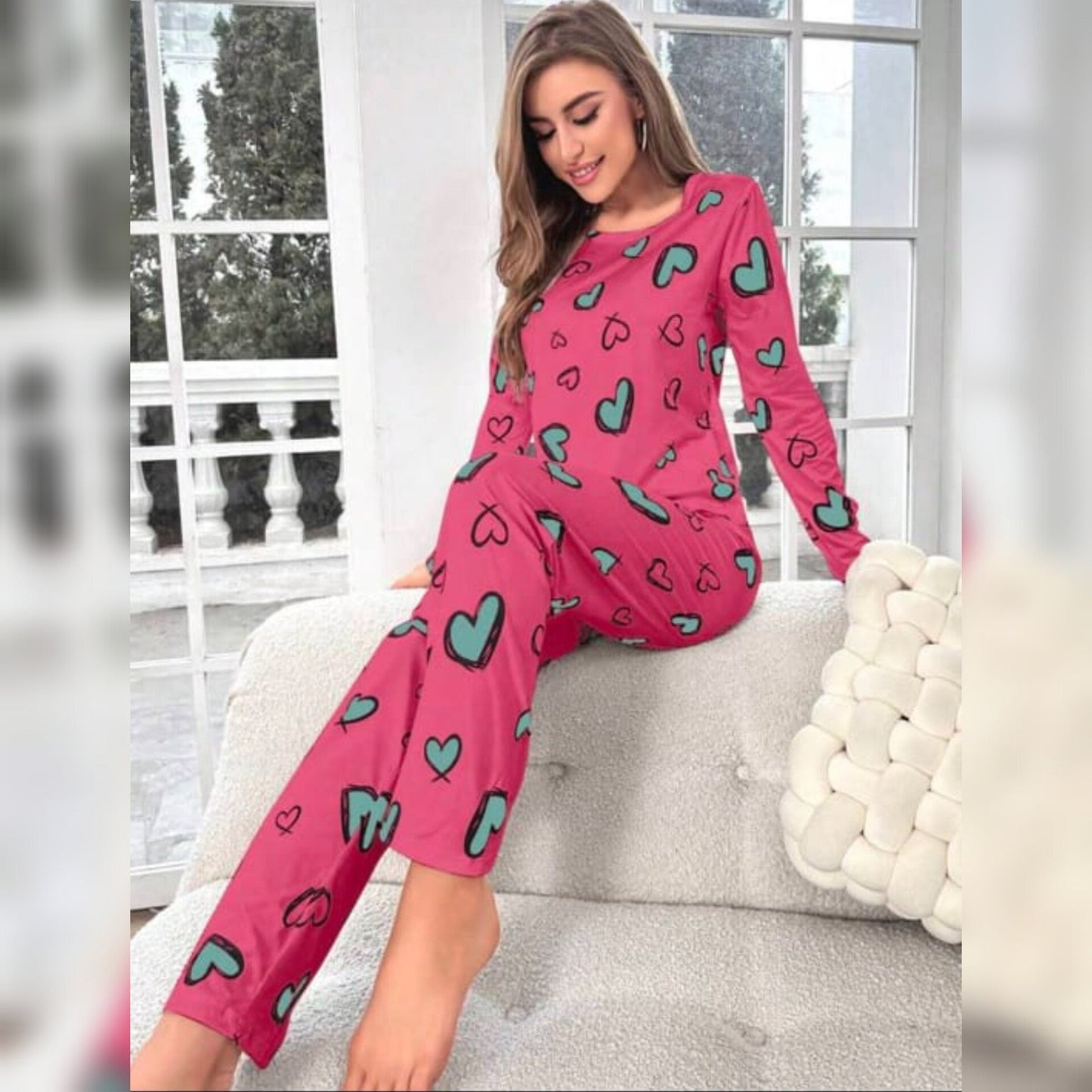 Shocking Pink With Green Herats Print Full Sleeves T-shirt With Hearts Printed Trouser Suit